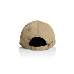 A tan five-panel cap featuring a rear adjustable strap and an interior lining, with a branding logo present.
