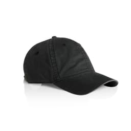 A black faded cap with a curved brim and a logo on the side, displayed at an angle.