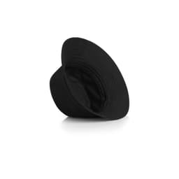 A black kids' bucket hat with a wide brim, featuring an interior lining and a logo on the inside.