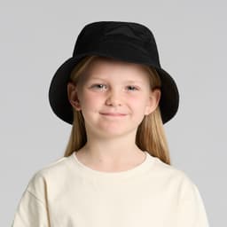 A black kids bucket hat featuring a wide brim and a simple design, suitable for outdoor activities.