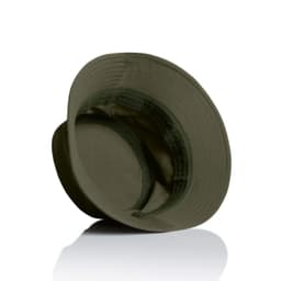 A nylon bucket hat in olive green, featuring a wide brim and an inner lining. It has a logo inside.