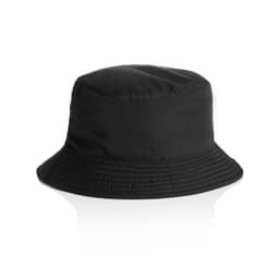 A black nylon bucket hat featuring a wide brim and a simple design. It has a logo on the side.