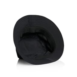 A black nylon bucket hat with a wide brim, featuring an interior lining and a branding logo.