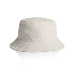 A beige nylon bucket hat with a wide brim and a subtle logo on the side.