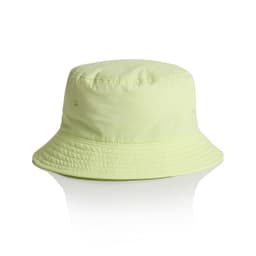A lime green nylon bucket hat with a flexible brim and a logo on the side.