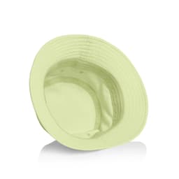 A light green nylon bucket hat with an inner lining, featuring a logo inside.