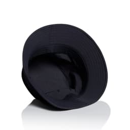 A black nylon bucket hat featuring a wide brim and a soft interior. The hat has a logo inside.