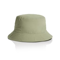 A light green nylon bucket hat with a structured brim and a logo on the side.