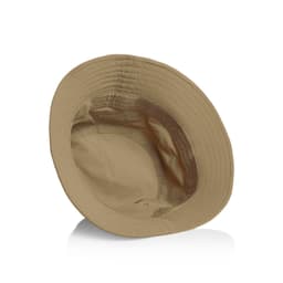 A tan nylon bucket hat with a smooth interior design and a branded logo.