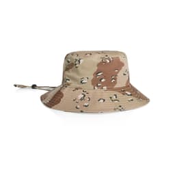 A wide-brimmed bucket hat in a camo pattern featuring shades of beige and brown, with an adjustable strap.