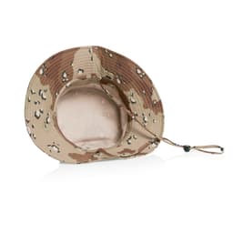 A wide brim camo bucket hat in shades of brown and beige, featuring a chin strap and an internal lining.