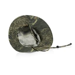 A wide-brimmed bucket hat in a camo pattern, featuring an adjustable chin strap and inner lining.