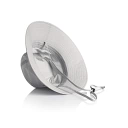 A wide-brim bucket hat in light grey, featuring a strap and a shiny interior, with a logo present.