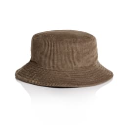 A brown cord bucket hat with a wide brim, featuring a textured ribbed design. It has a logo without visible text.