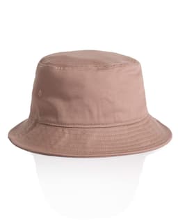 A beige bucket hat with a wide brim and a logo on the side. Soft texture and casual style.