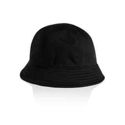 A black bucket hat with a textured brim and a logo. Ideal for headwear collections.