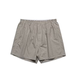 Striped boxer shorts featuring an elastic waistband, in tones of grey and white. The shorts have a loose fit.