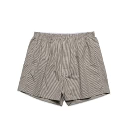 Striped boxer shorts in grey and white with an elastic waistband. Features a branded logo.