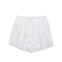 A pair of white boxers featuring an elastic waistband and a simple design.