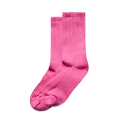 A pair of bright pink socks with a smooth finish and ribbed tops, featuring a logo.