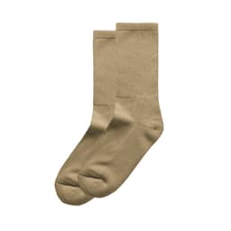 Two pairs of beige socks neatly displayed, featuring a simple and classic design. The image includes a logo.