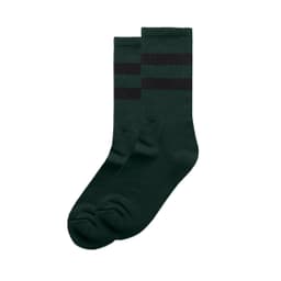 Two pairs of dark green socks featuring black stripes, with a logo on one sock.