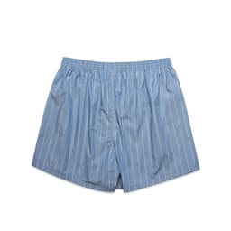 Light blue striped shorts with an elastic waistband. The garment features vertical white stripes and has a branding logo.