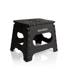 A black utility stool with a textured top and cut-out sides, featuring a logo on one side.