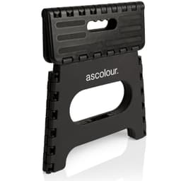 A black folding utility stool with a handle and a textured surface, featuring a logo on the front.