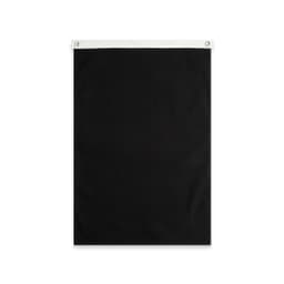 A large black canvas flag with a white header and eyelets for mounting. It features a branding logo.