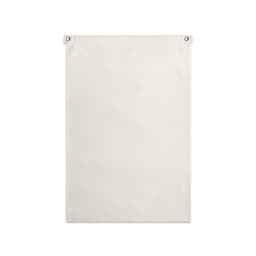 A large cream-coloured canvas flag with metal eyelets for easy hanging. It features a simple design.