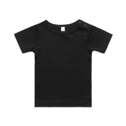 A black infant t-shirt with short sleeves and snap buttons at the shoulder. Includes a branding logo.