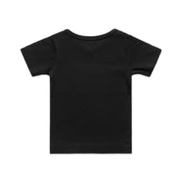 A black organic infant t-shirt with short sleeves and a round neckline, featuring a logo.