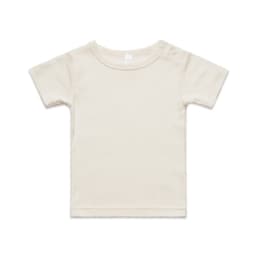 A light beige organic infant t-shirt with short sleeves and shoulder snaps, featuring a simple design.