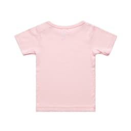 A pink infant t-shirt with a simple design and short sleeves, featuring a branding logo.