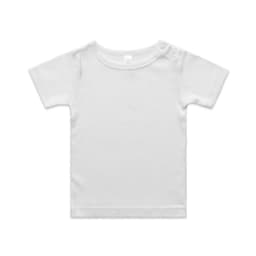 A white organic infant t-shirt featuring a snap button closure at the shoulder and a simple design.