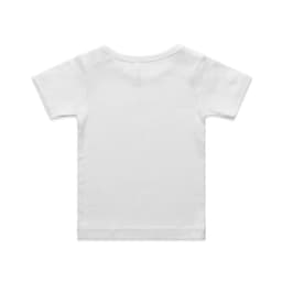 A white infant T-shirt with short sleeves and a plain back, featuring a logo.