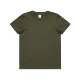 A dark olive green kids' T-shirt featuring a crew neck and short sleeves, with a branding label.