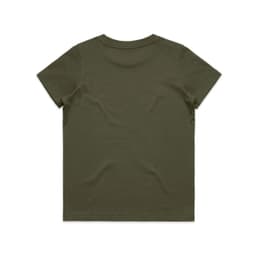 A plain olive green children's T-shirt with short sleeves and a simple design. Features a logo on the back.