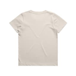 A beige kids' staple tee, featuring a simple crew neckline and short sleeves, with a logo on the back.