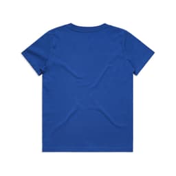 A blue youth staple tee with a plain back and short sleeves, featuring a logo.