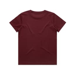 A maroon kids' T-shirt featuring a simple design and a logo on the back.