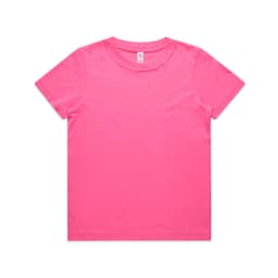 A bright pink kids' T-shirt with a round neck and short sleeves, featuring a logo on the label.