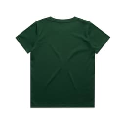 A green kids' staple tee with a plain back design, featuring a logo on the label.