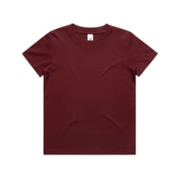 A maroon kids' T-shirt featuring a crew neck and short sleeves, with a label inside the neckline.