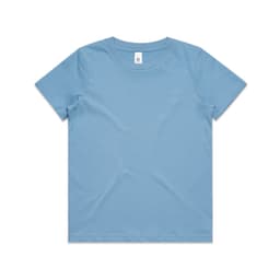 A blue staple tee for kids featuring a classic crew neck design and short sleeves. Includes a logo on the label.