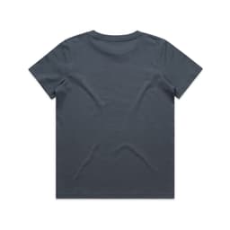 A grey kids' t-shirt with a simple design and a logo on the back.