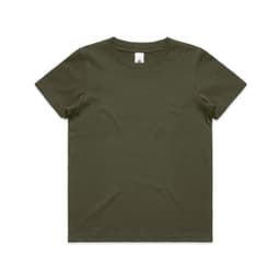 A youth staple tee in olive green, featuring a classic crew neck and short sleeves. The shirt has a logo on the inside label.