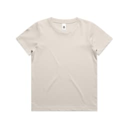 A light beige youth t-shirt with a round neckline and short sleeves, featuring a logo on the label.
