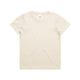 A cream-coloured youth t-shirt with a round neckline and short sleeves, featuring a logo.